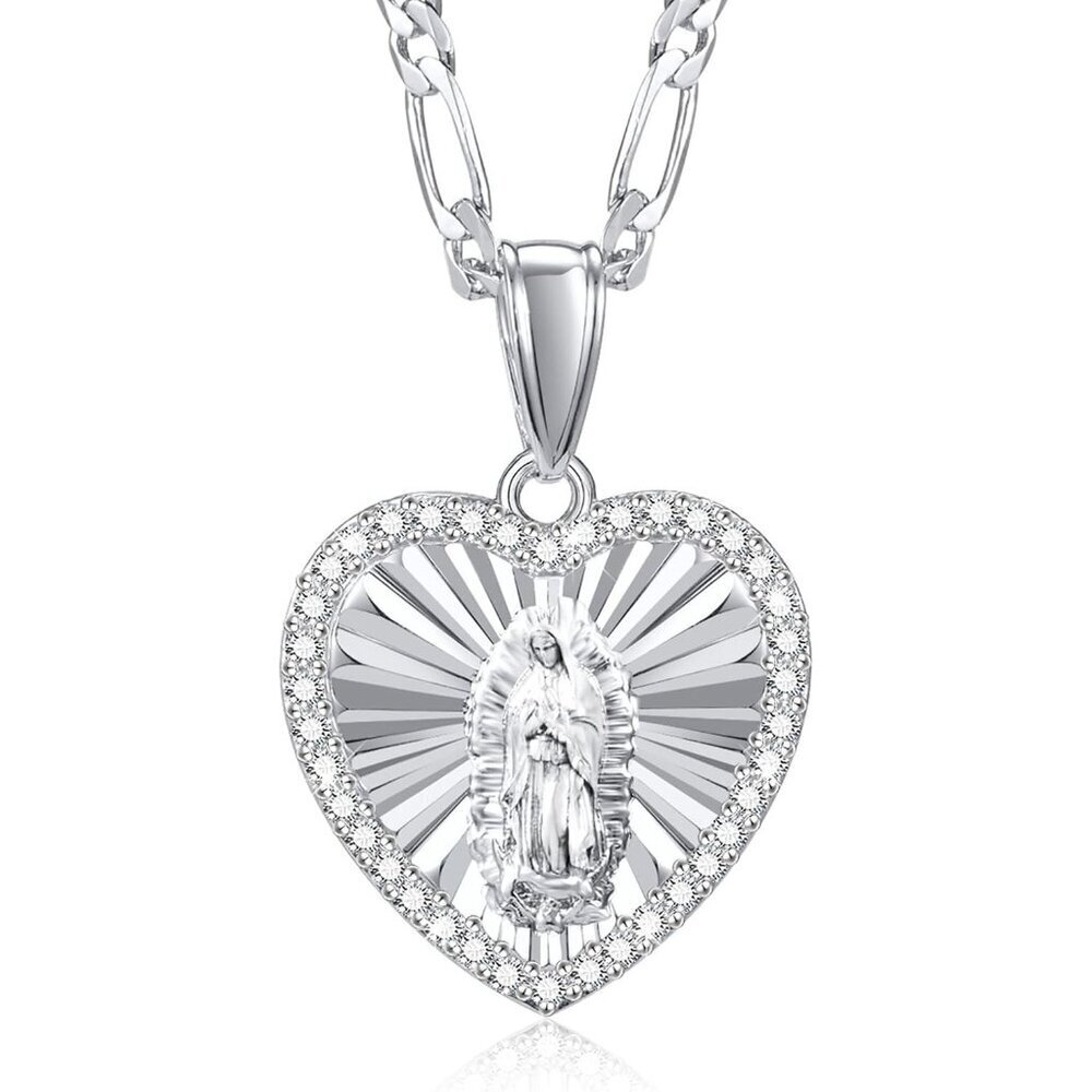 Catholic Virgin Mary Necklace 14K Gold Heart Zirconia Guadalupe Pendant Women